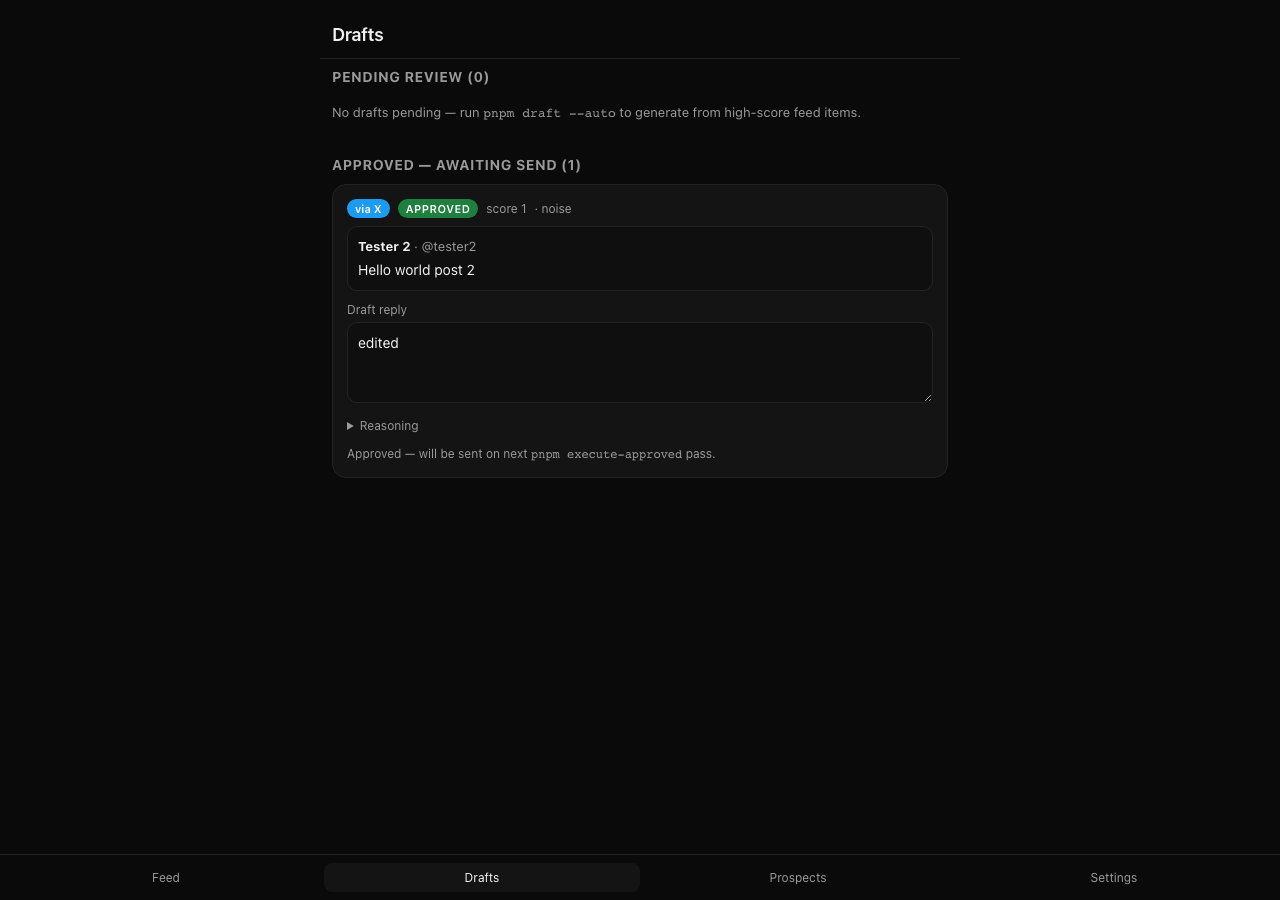 socialagent.cc drafts view — AI-drafted replies awaiting human approval