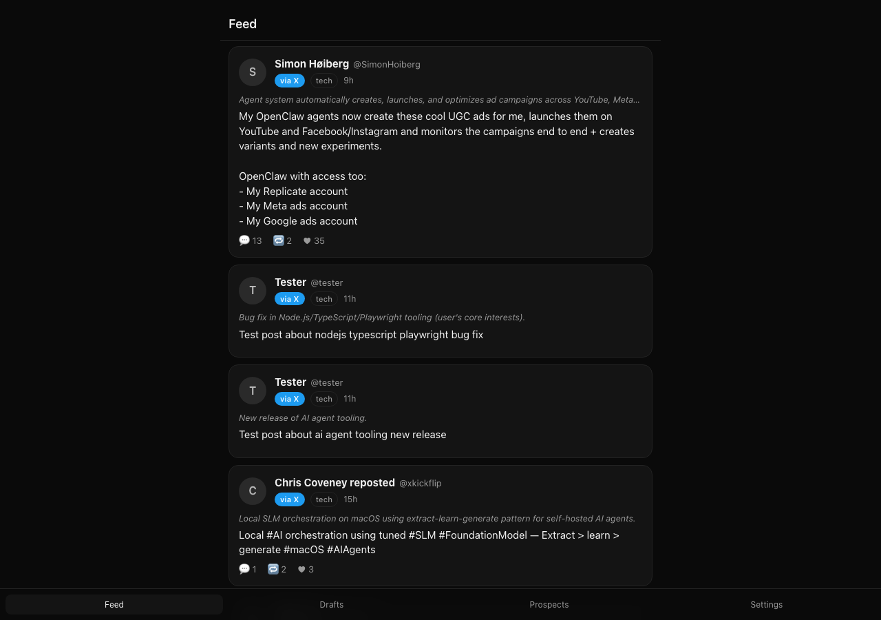 socialagent.cc feed view — AI-classified posts from X and LinkedIn