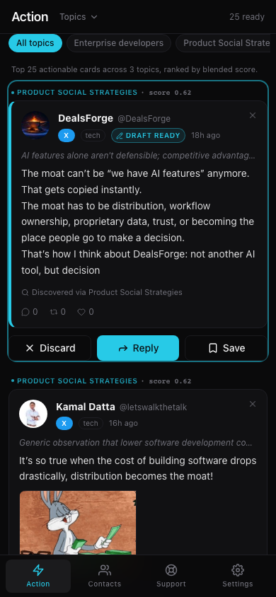 Action stream — scored posts from the people and topics you watch across your social feeds