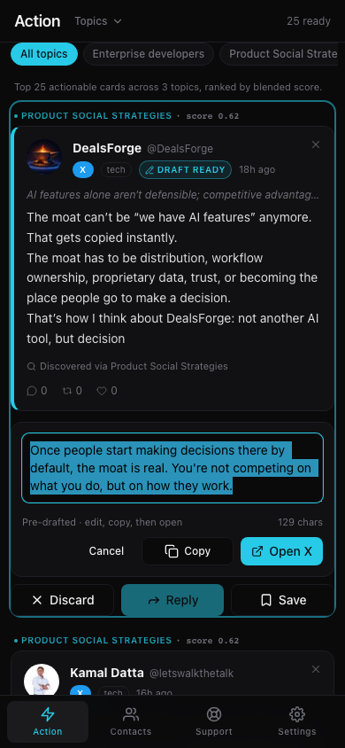 Reply expando — a draft in your voice with Copy and Open on platform, ready to send by hand