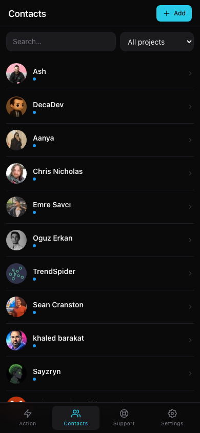 Contacts — the people surfaced from your watched topics, worth a real conversation