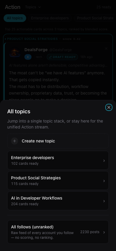 Topics — a stack of cards for each topic you watch, populated from your social feeds on the cadence you set
